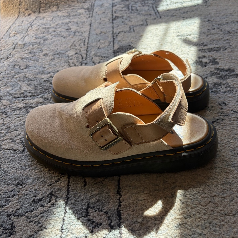 Dr. Martens Beige Mules with Black Soles